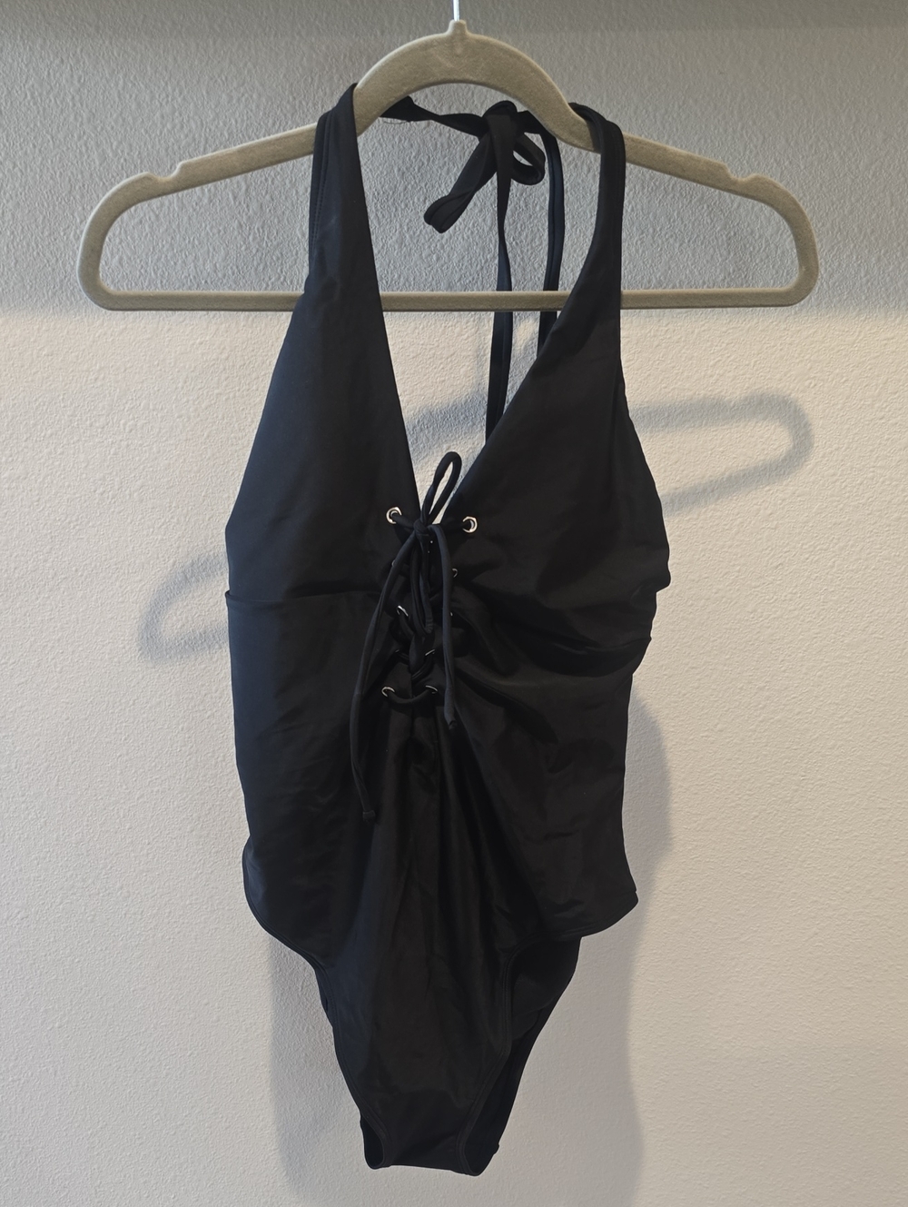 Black Lace-Up Halter One-Piece Swimsuit